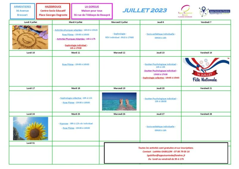 Calendrier des activités de juillet 2023